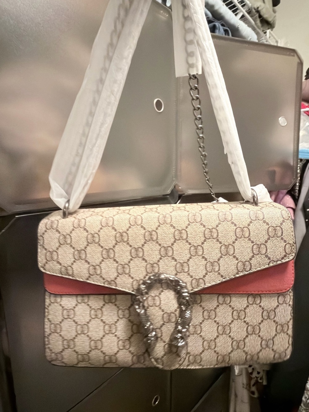 Designer-Style Beige and Pink Monogram Shoulder Bag